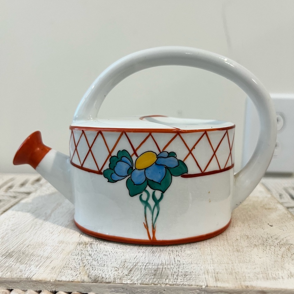 Vintage Erphila Sherman Floral Ceramic Watering Can with Orange and Blue Accents
